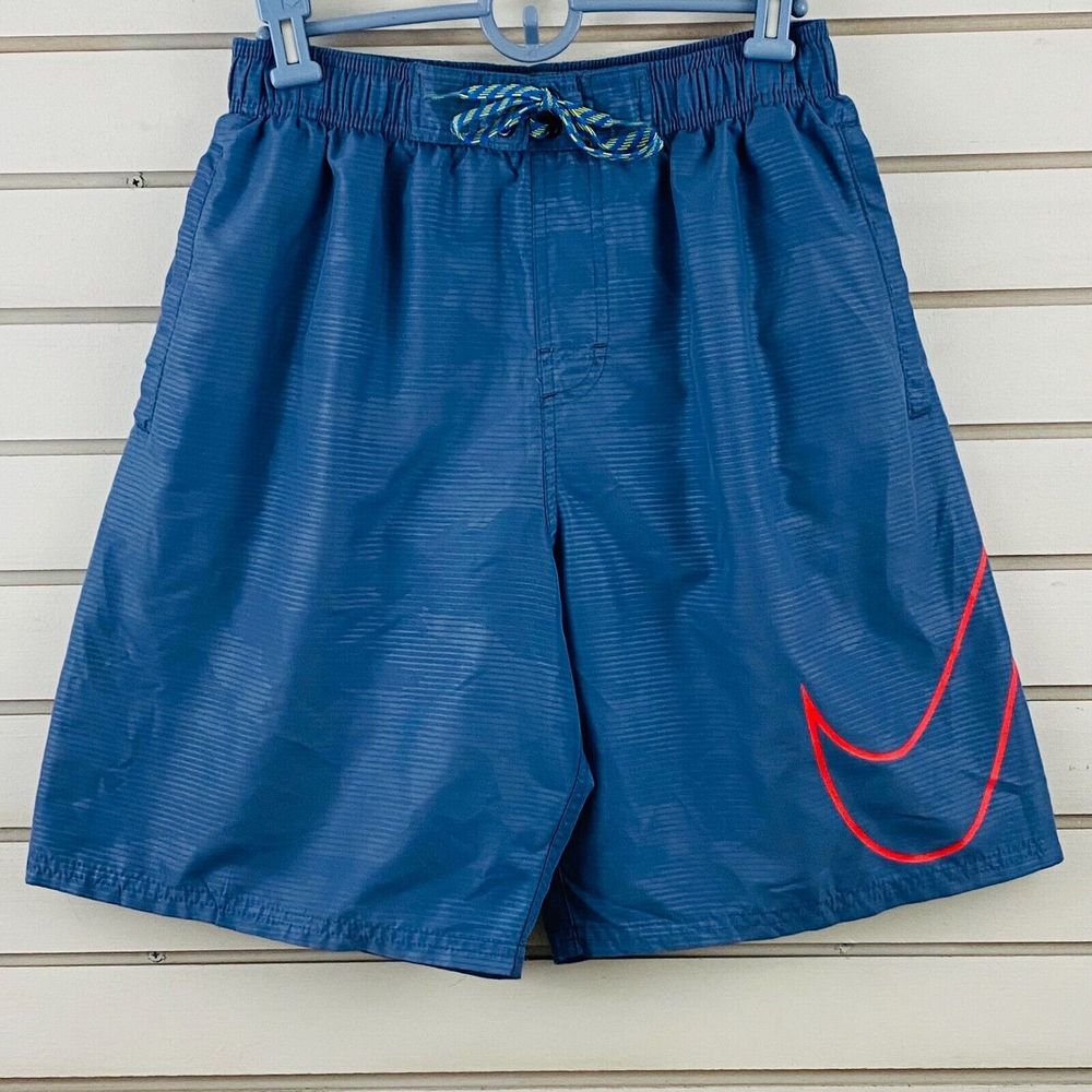 Mens M Nike Swim Trunks Slate Blue Gray Elastic Waist Tie Front Mesh Lined